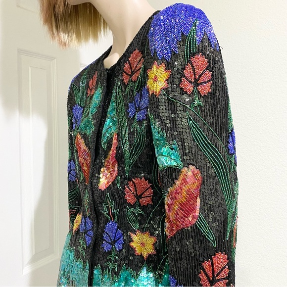 Vintage 80’s 90’s Abstract Floral Print Fully Beaded Sequined Blazer Jacket M - Picture 8 of 16